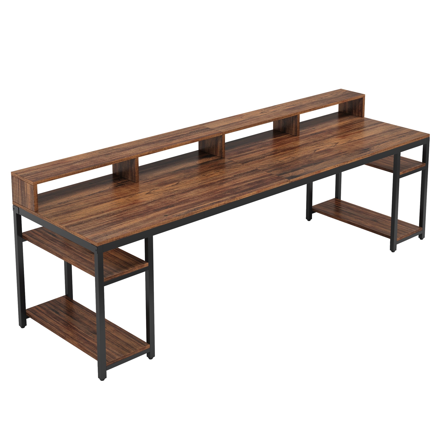 Two Person Desk, Computer Desk With Monitor Stand And 4 Open Shelf_maomaolike.com